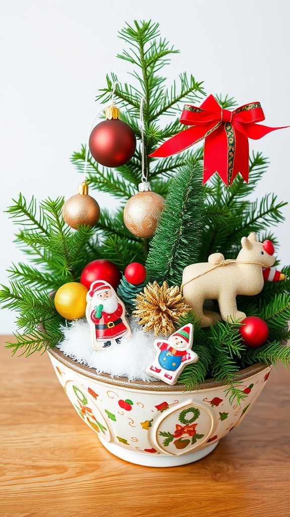 A festive holiday-themed dish garden featuring a small evergreen tree, colorful ornaments, and playful decorations.