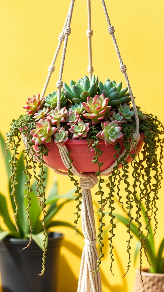 A hanging dish garden featuring various succulents in a pink pot, suspended with ropes against a yellow background.