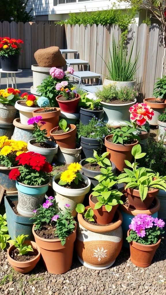 A colorful display of various flower pots filled with blooming plants in a garden setting.