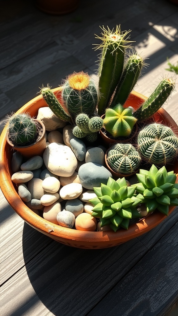 A dish garden featuring various cacti and pebbles in a terracotta pot.