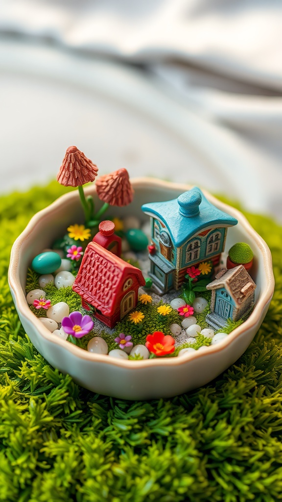 A miniature fairy garden with colorful houses, flowers, and decorative elements in a bowl.
