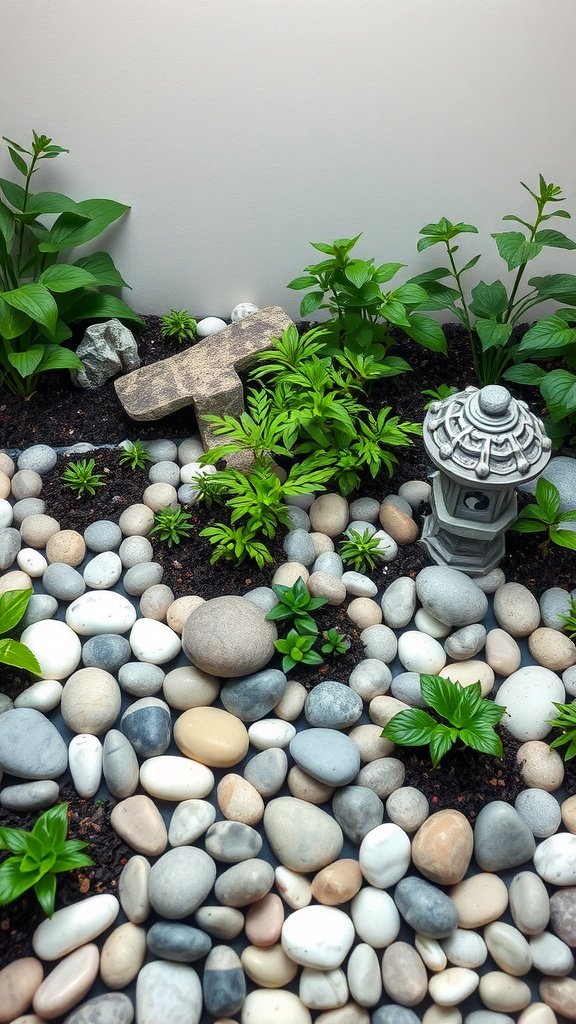 A Zen-inspired garden featuring smooth stones, green plants, and a decorative lantern.