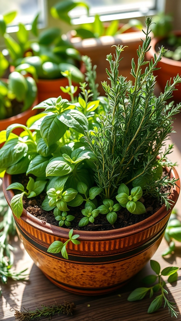 A vibrant herb dish garden featuring basil and rosemary in a decorative pot.