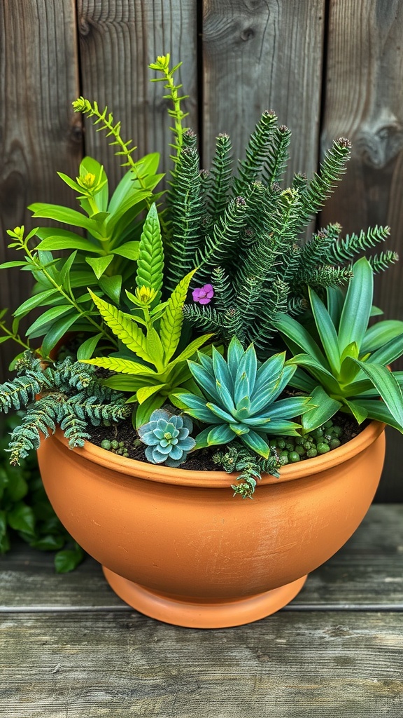 A terracotta bowl filled with mixed foliage including succulents and ferns.