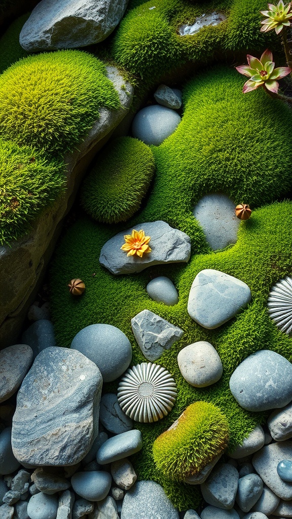 A close-up view of a moss and rock garden featuring green moss, smooth stones, and decorative elements.