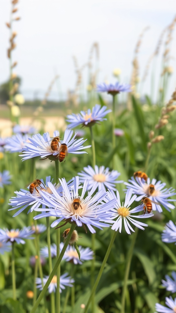 Close-up of blue agapanthus flowers with bees collecting nectar