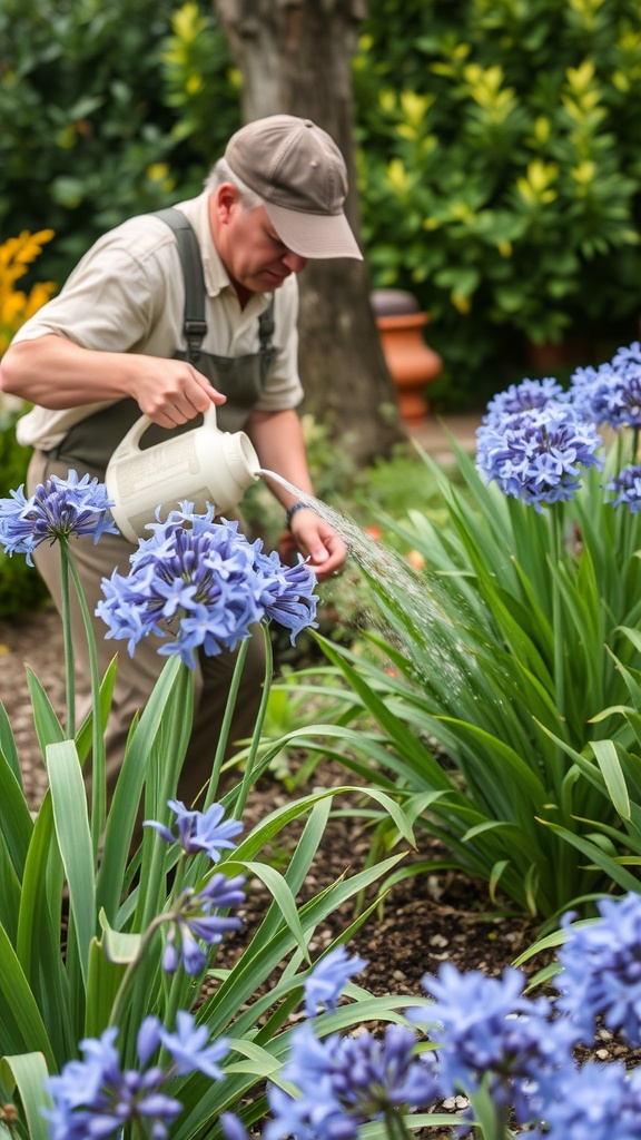 A gardener watering blue agapanthus flowers in a lush garden