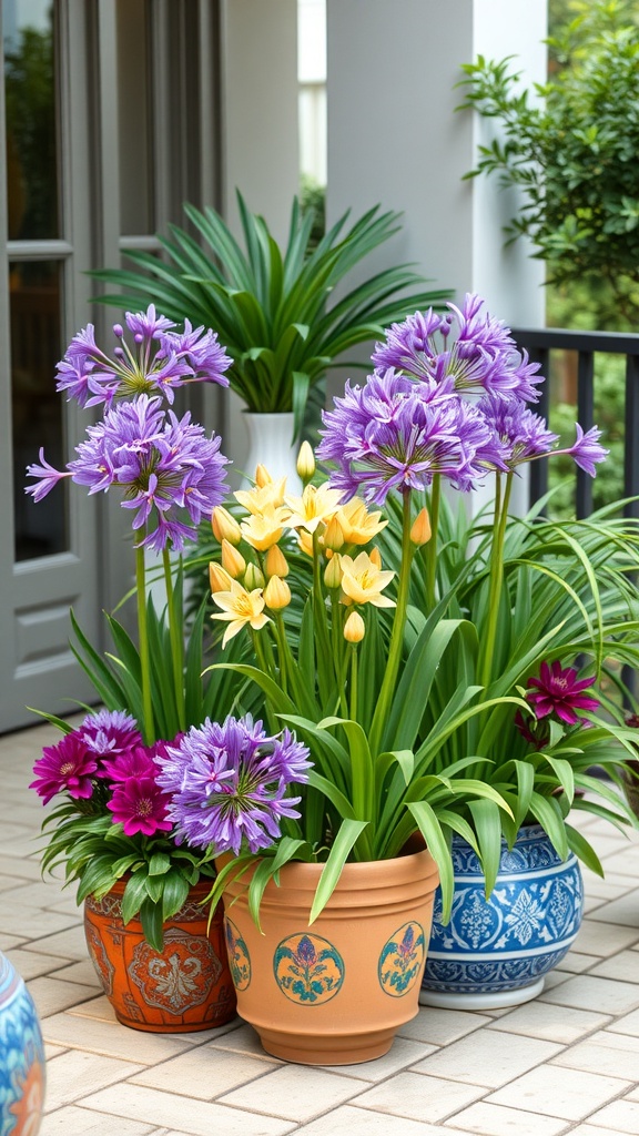 Colorful agapanthus plants in decorative pots on a patio.