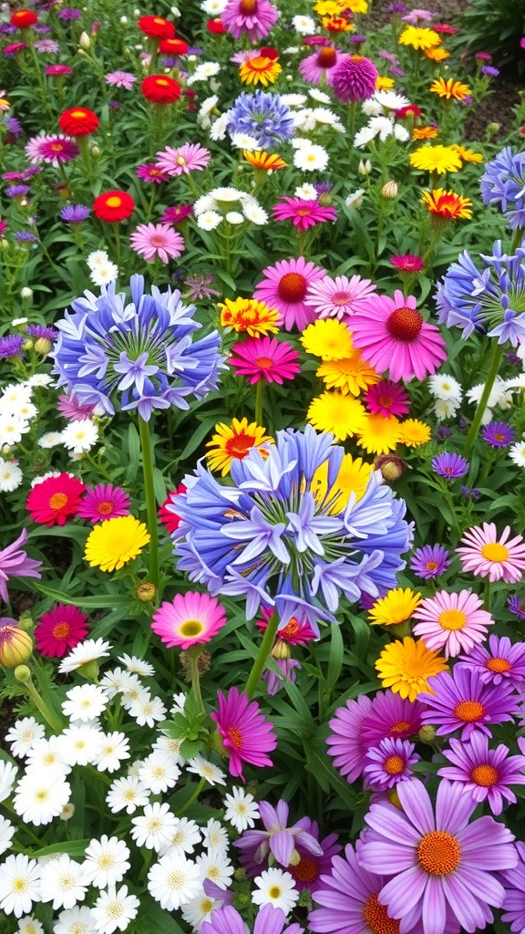 A colorful mixed flower bed featuring agapanthus among various other flowers.