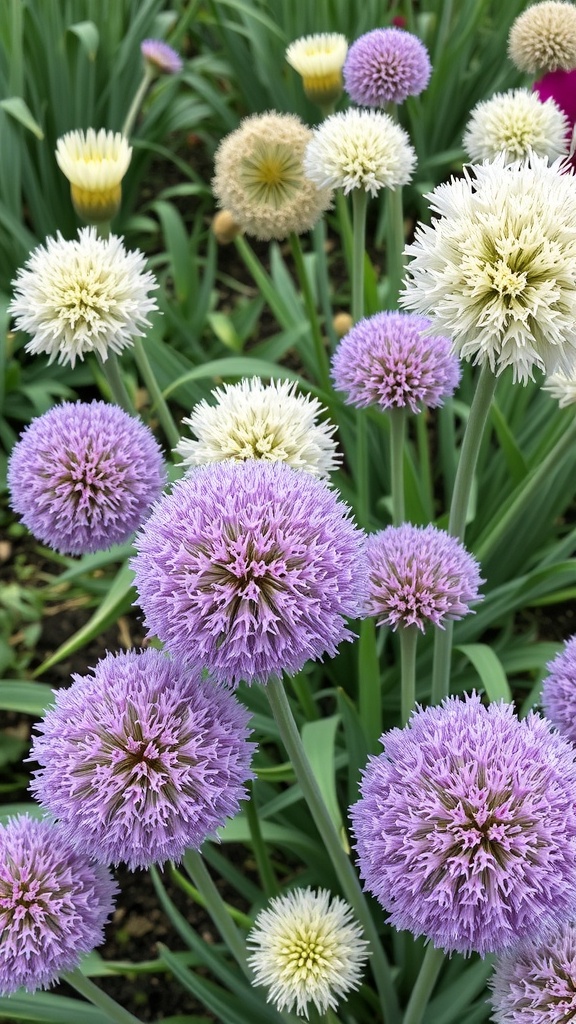 A variety of allium flowers in shades of purple and white, showcasing their round, fluffy blooms.