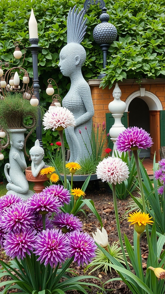 Colorful alliums in a garden with artistic sculptures.
