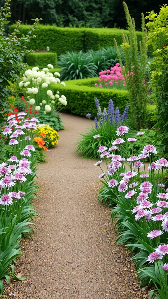 A garden pathway lined with alliums and colorful flowers.