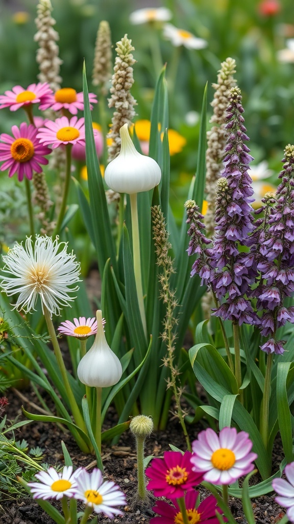 A vibrant garden featuring alliums surrounded by colorful flowers like daisies and purple blooms.