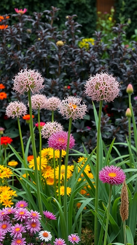 A vibrant garden featuring tall alliums in pink and purple surrounded by colorful flowers in yellow, orange, and pink.