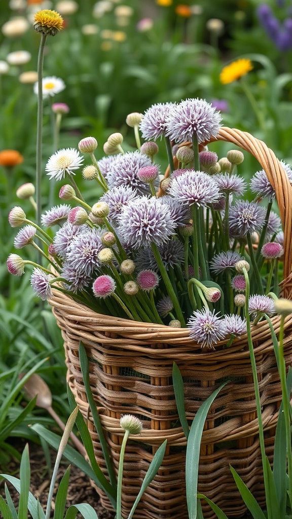 A basket filled with purple alliums and other flowers in a garden setting.