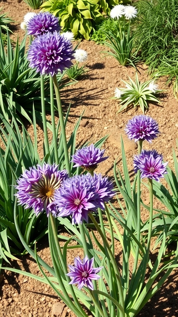 A cluster of vibrant purple alliums in a drought-tolerant garden.
