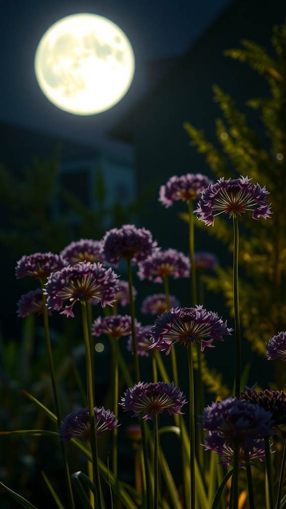 Alliums blooming under the moonlight in a night garden
