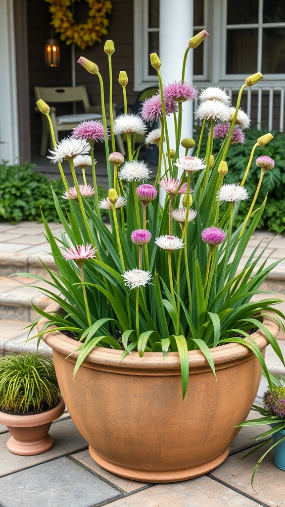 A large terracotta pot filled with colorful alliums, showcasing white, pink, and purple blooms, with smaller pots of grass nearby.