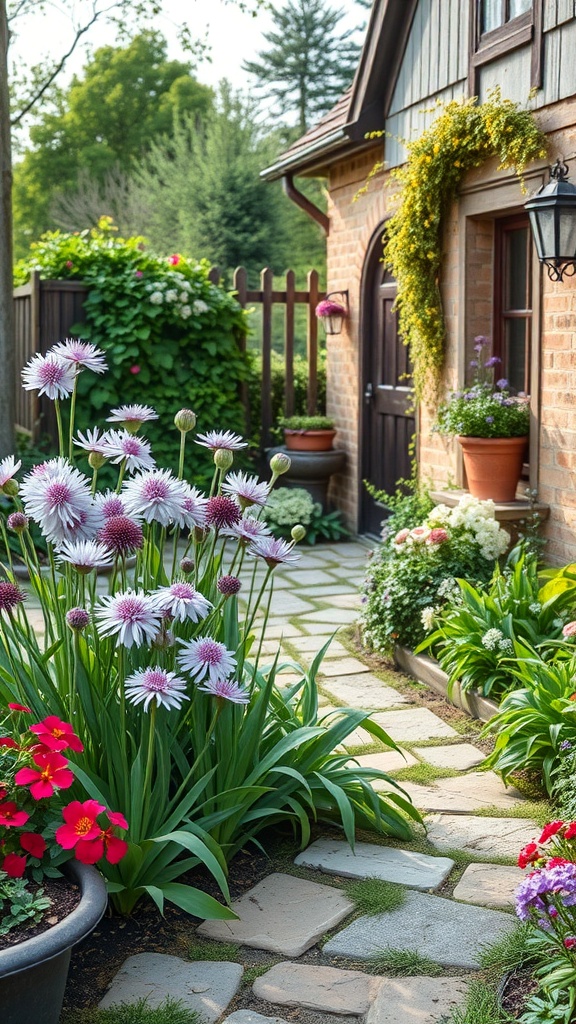 A charming cottage garden featuring alliums and colorful flowers along a stone pathway.