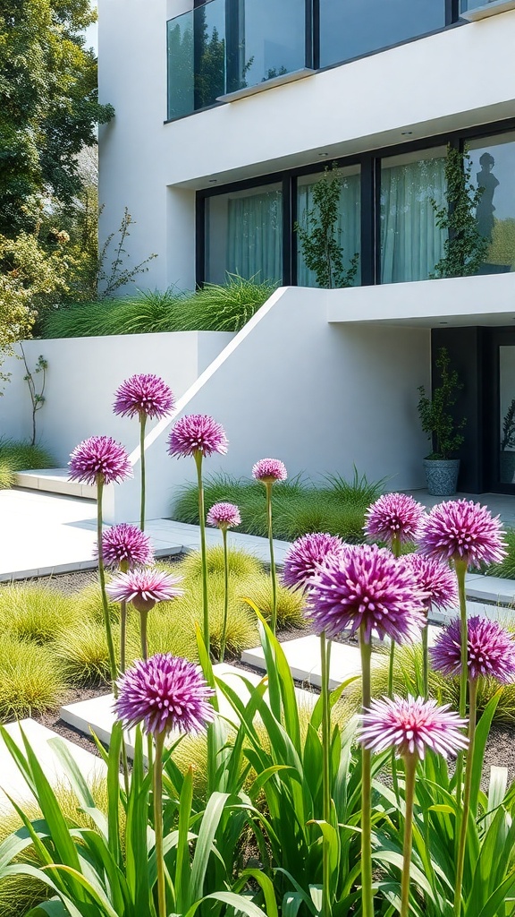 A modern garden featuring tall purple alliums in front of a contemporary building.