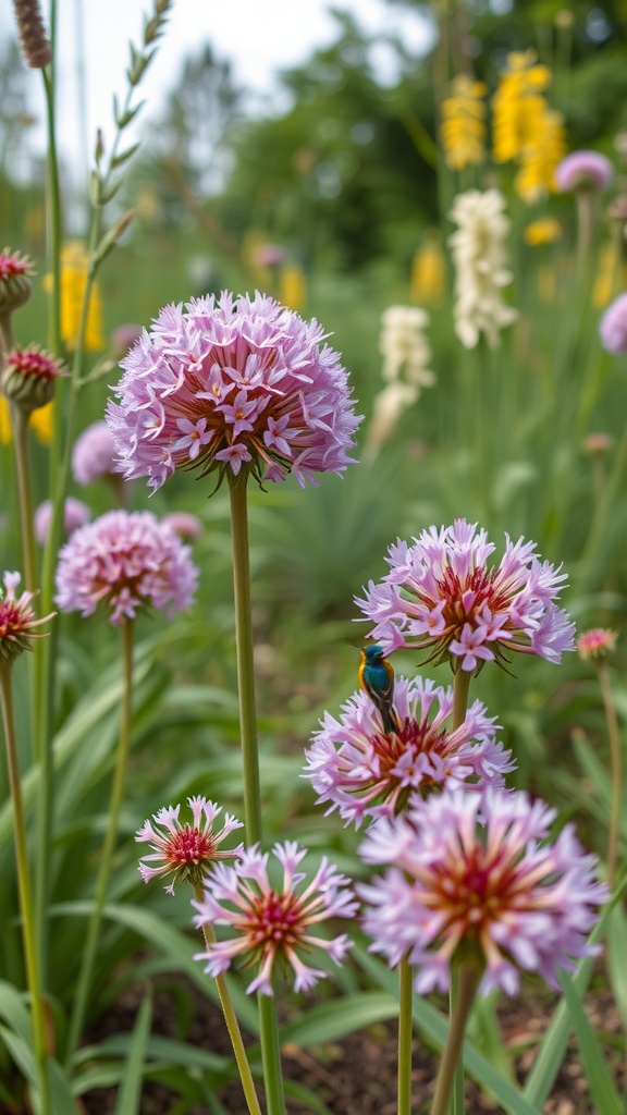 A vibrant display of pink allium flowers in a wildlife garden, with a small bird perched on one of the flowers.