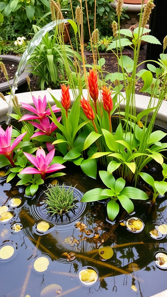 A vibrant garden water feature with pink water lilies and orange flowers, surrounded by lush green plants.
