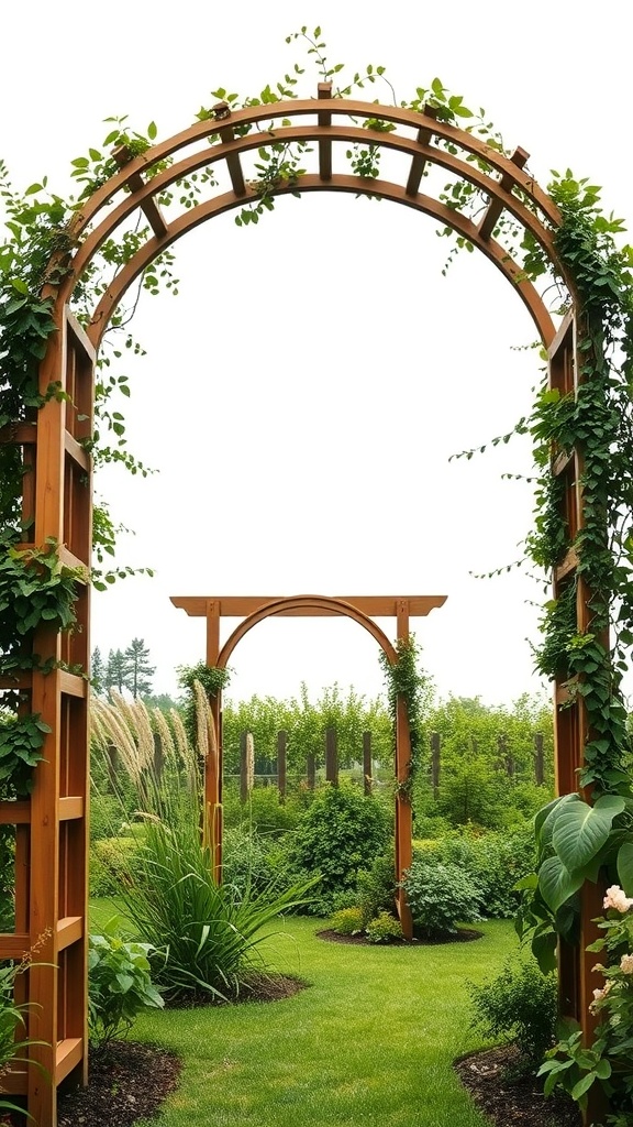 Two wooden arbors in a lush garden, showcasing traditional design with climbing plants.