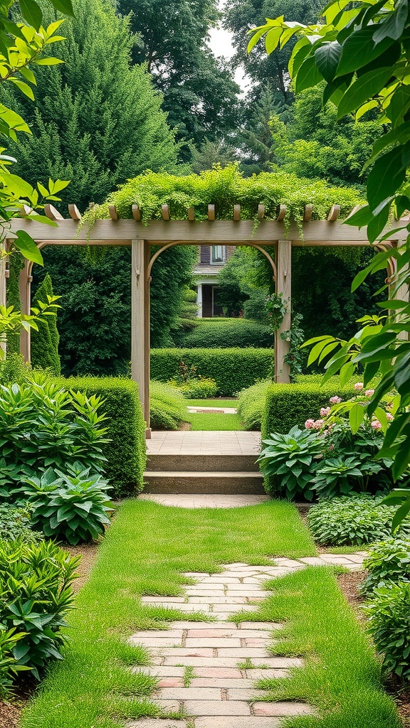 A garden with a wooden arbor covered in greenery, leading to a pathway lined with plants.