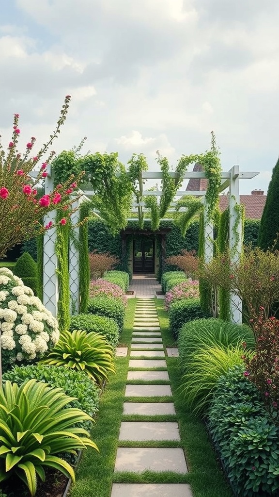A beautiful garden pathway with an arbor covered in greenery and flowers, leading to a serene entrance.