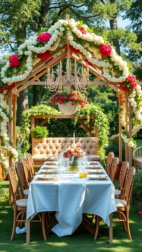 A beautifully decorated garden arbor with flowers, a chandelier, and a dining table set for a party.