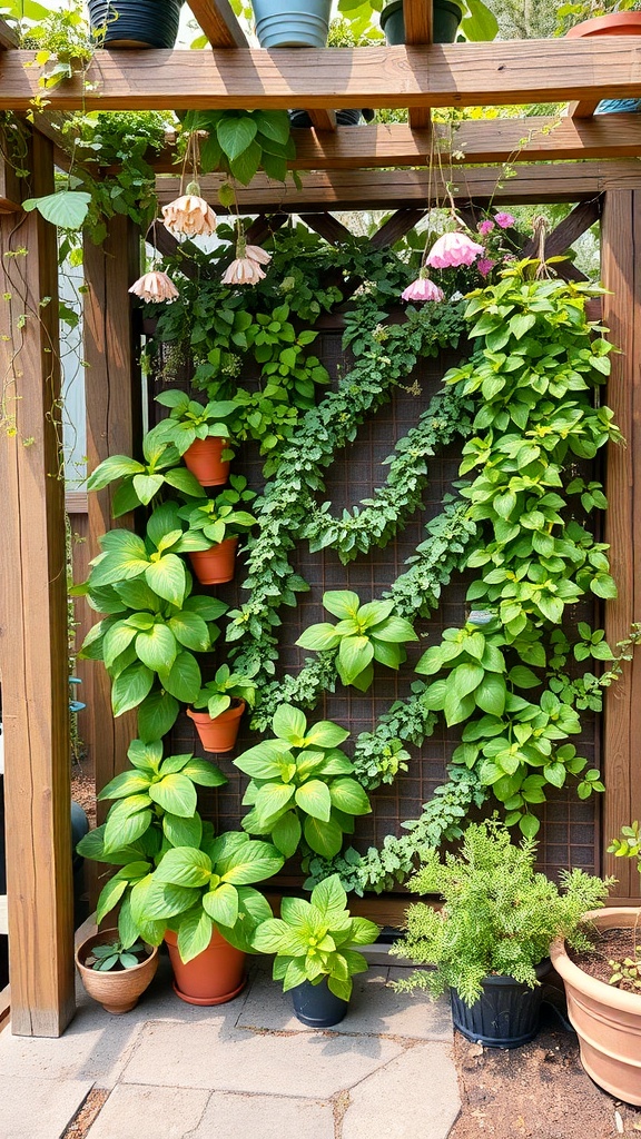 A wooden arbor adorned with various green plants and flowers, showcasing a vertical gardening solution.