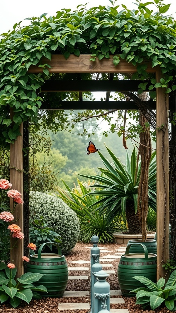 A garden arbor covered in green vines, with flowers and a butterfly nearby.