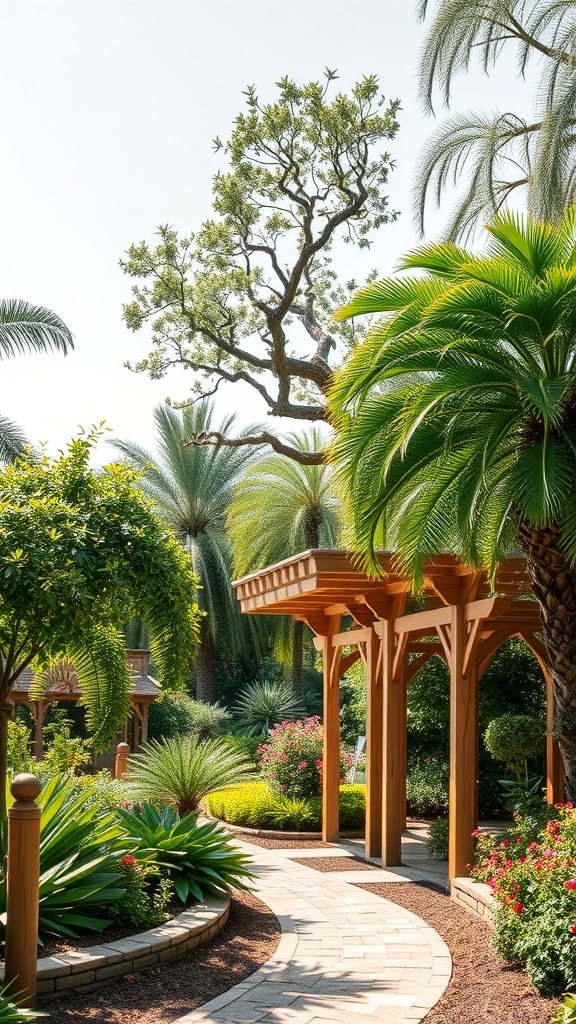 A beautiful garden with wooden arbors and lush green plants.