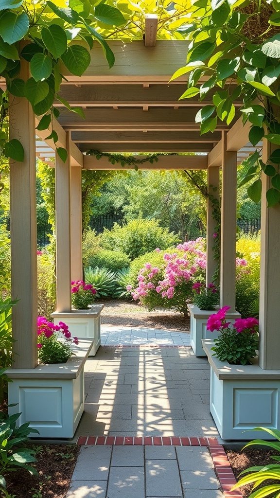 A garden arbor with lush greenery and colorful flowers on either side, creating a charming walkway.