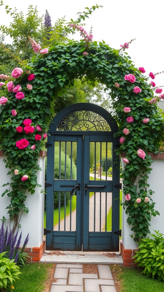 A blue arched garden gate surrounded by vibrant flowers and greenery.