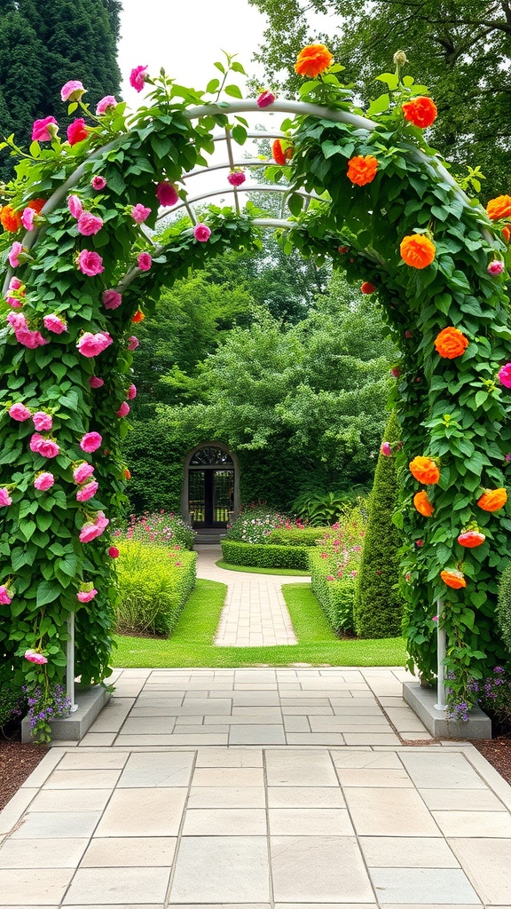 An arched trellis covered with colorful climbing vines, leading into a lush garden.