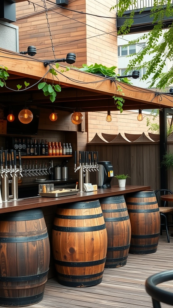 A cozy patio bar featuring wooden barrels, beer taps, and warm lighting.