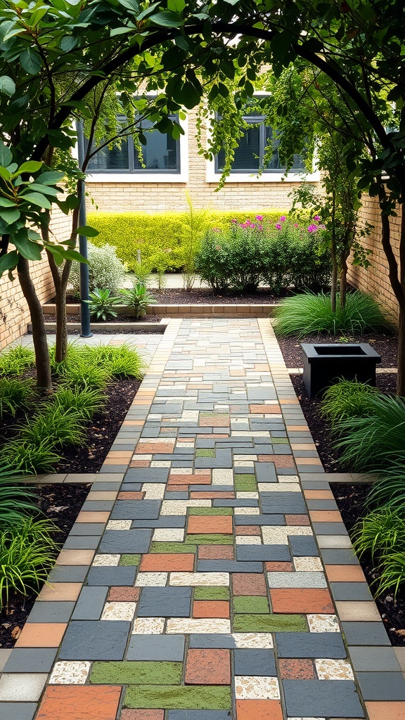 A colorful mosaic pathway surrounded by greenery leading to a garden retreat.