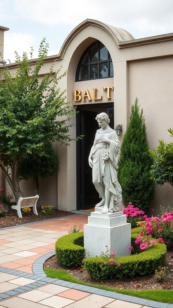 A garden entrance featuring a white sculpture surrounded by colorful flowers and neatly trimmed bushes.