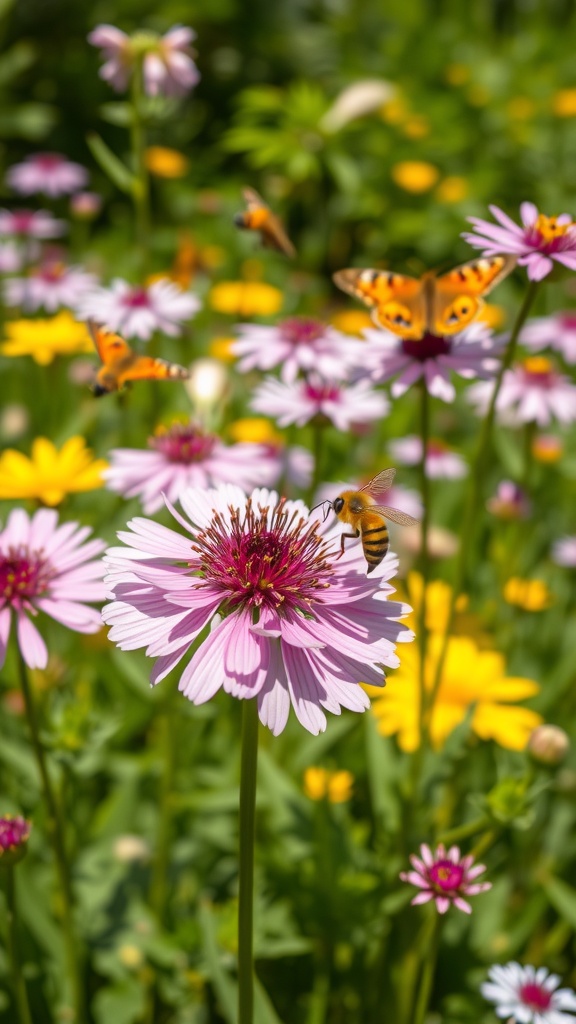 A garden scene featuring pink and yellow flowers with bees and butterflies, highlighting the beauty of alliums and their role in attracting pollinators.