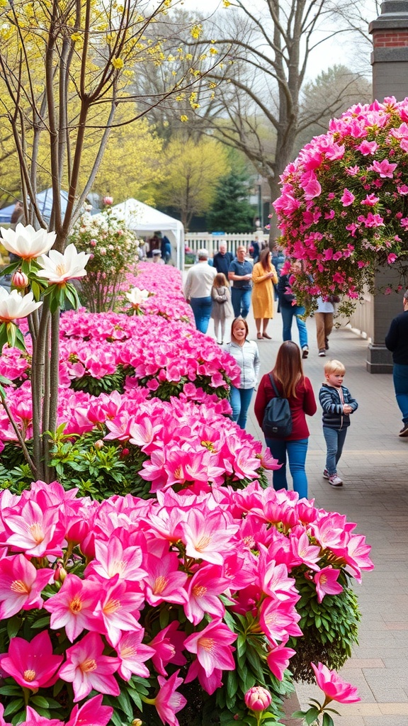 A vibrant scene at an azalea festival with pink flowers and people enjoying the day.