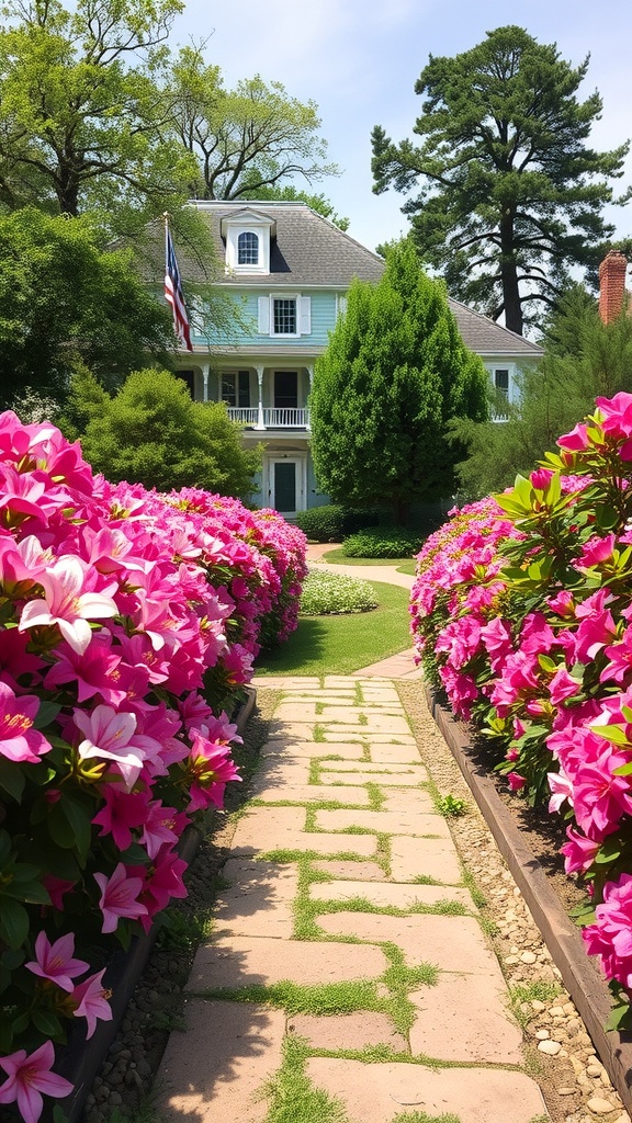 A garden pathway lined with vibrant pink azaleas leading to a charming house.