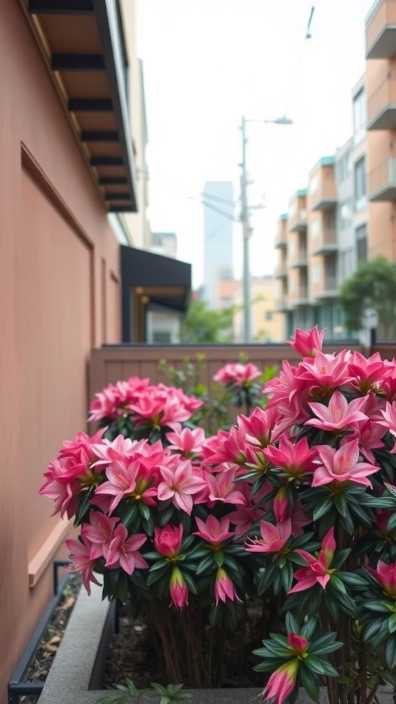 A vibrant display of pink azaleas in a small urban garden setting.