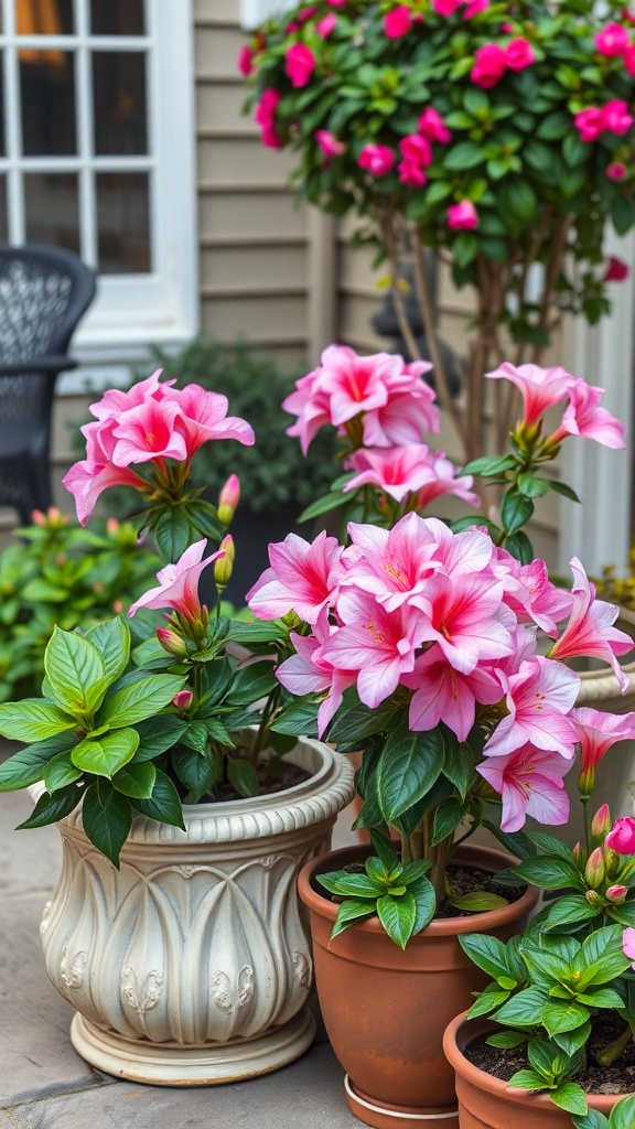 Pink azaleas in decorative pots on a patio