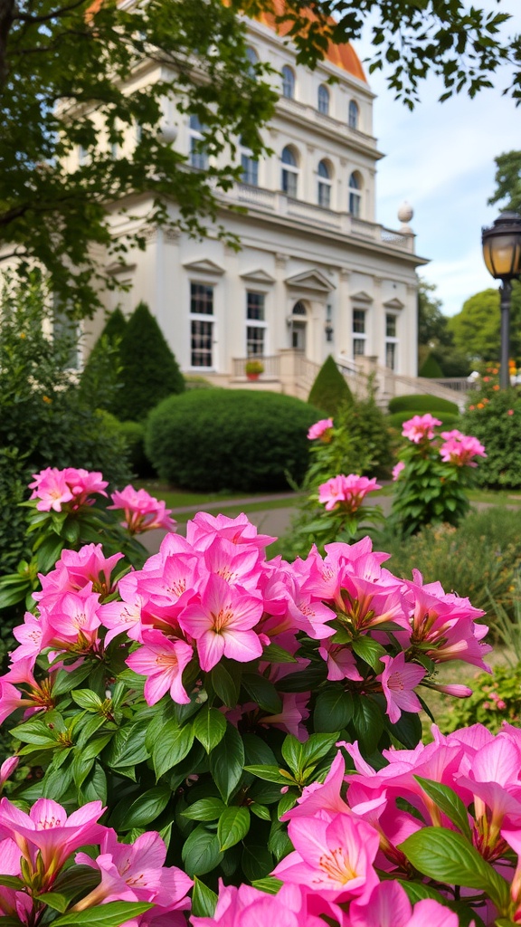 Pink azaleas blooming in front of a historic building