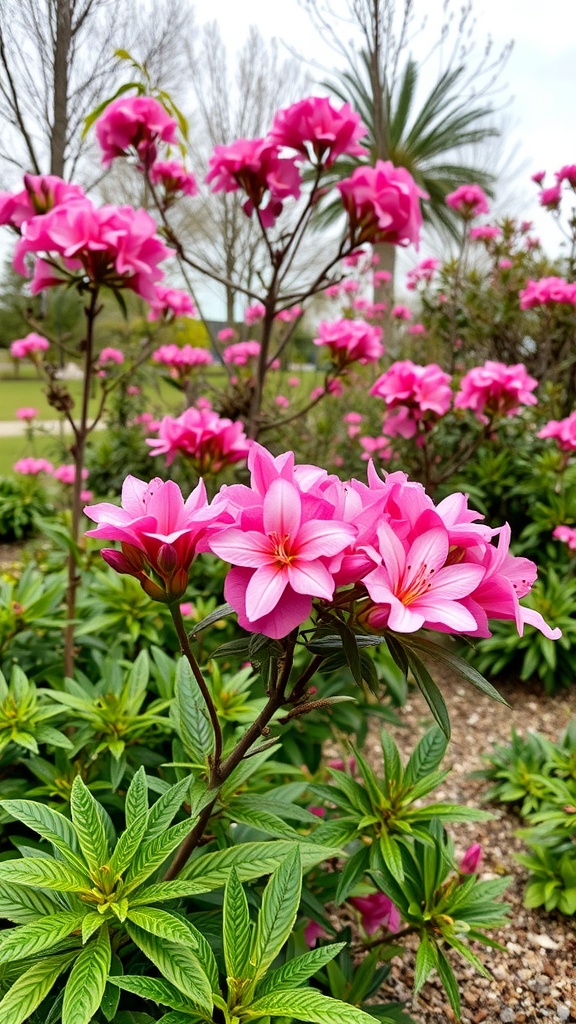 Bright pink azaleas blooming in a garden with green foliage