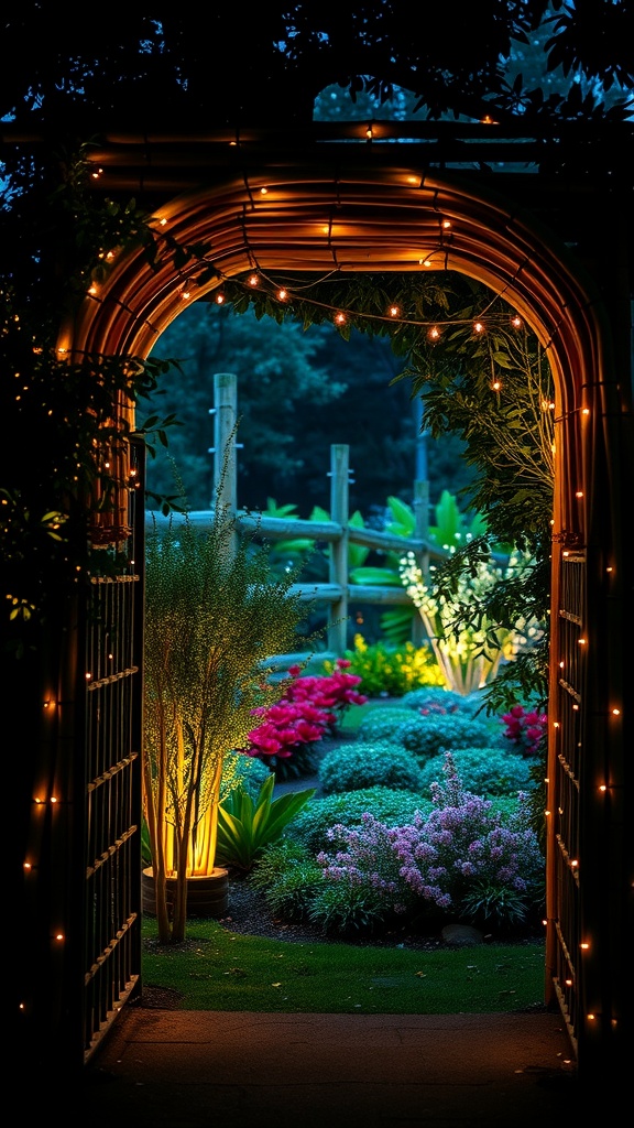 A bamboo archway adorned with string lights, leading into a beautifully landscaped garden.