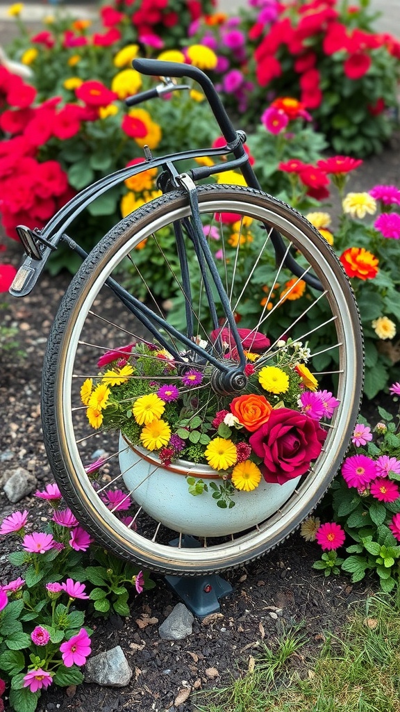 A bicycle wheel used as a planter filled with colorful flowers, surrounded by blooming plants.