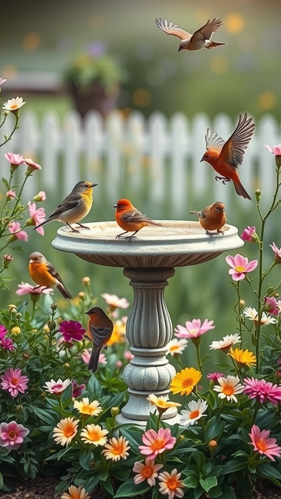 A birdbath surrounded by colorful flowers with various birds enjoying the water.
