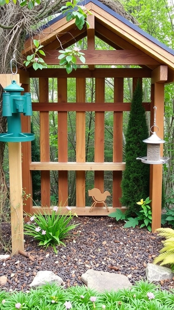 A wooden birdwatching station with feeders, surrounded by plants and flowers.